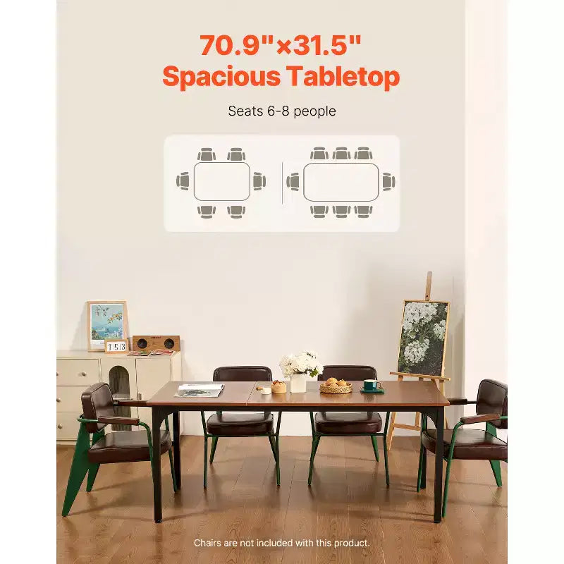 Rectangle Dining Table, 71" Length Large Wood Table for 6-8 Person, Farmhouse Dinner Table with Iron Legs, Brown