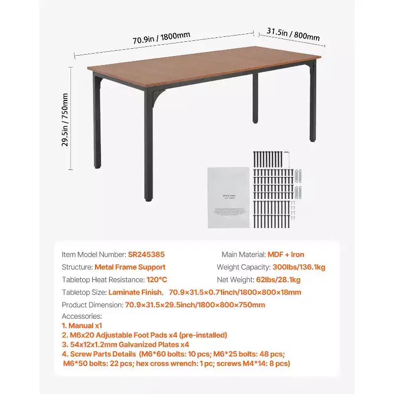 Rectangle Dining Table, 71" Length Large Wood Table for 6-8 Person, Farmhouse Dinner Table with Iron Legs, Brown