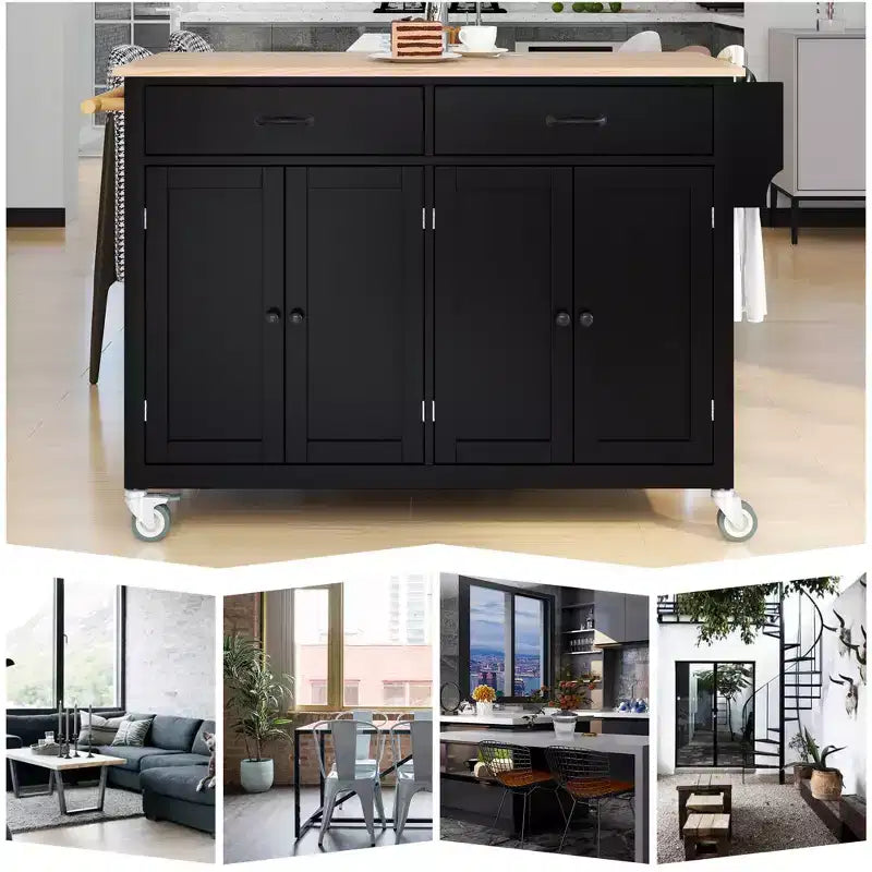 Kitchen Island Cart with Solid Wood Top and Locking Wheels, 54.3 Inch Width, 4 Door Cabinet and Two Drawers, Spice Rack, Black