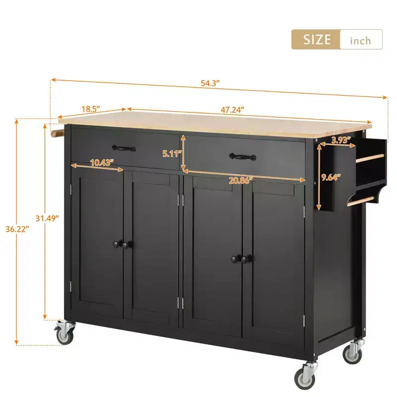 Kitchen Island Cart with Solid Wood Top and Locking Wheels, 54.3 Inch Width, 4 Door Cabinet and Two Drawers, Spice Rack, Black