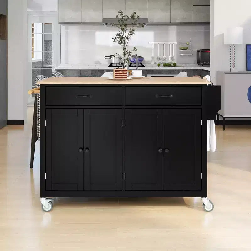 Kitchen Island Cart with Solid Wood Top and Locking Wheels, 54.3 Inch Width, 4 Door Cabinet and Two Drawers, Spice Rack, Black