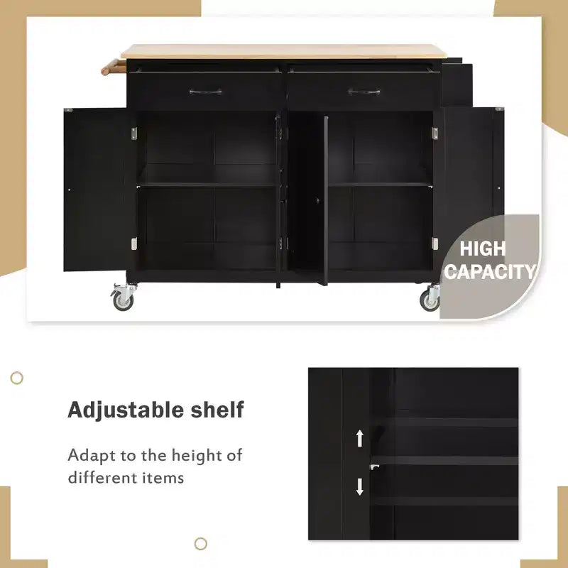 Kitchen Island Cart with Solid Wood Top and Locking Wheels, 54.3 Inch Width, 4 Door Cabinet and Two Drawers, Spice Rack, Black