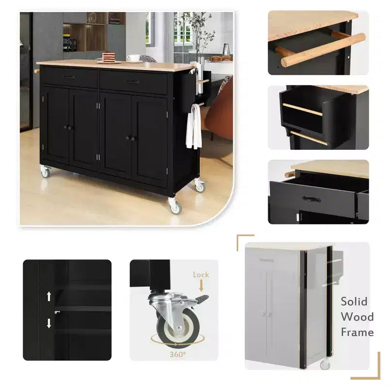 Kitchen Island Cart with Solid Wood Top and Locking Wheels, 54.3 Inch Width, 4 Door Cabinet and Two Drawers, Spice Rack, Black