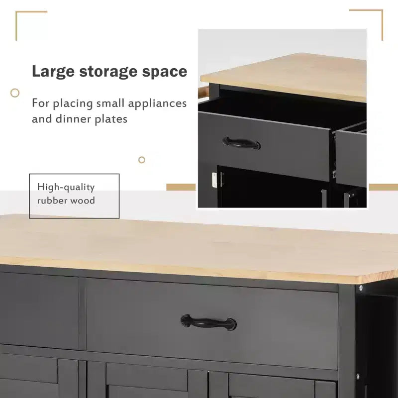 Kitchen Island Cart with Solid Wood Top and Locking Wheels, 54.3 Inch Width, 4 Door Cabinet and Two Drawers, Spice Rack, Black