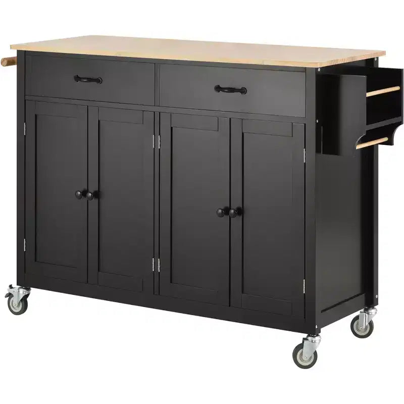 Kitchen Island Cart with Solid Wood Top and Locking Wheels, 54.3 Inch Width, 4 Door Cabinet and Two Drawers, Spice Rack, Black