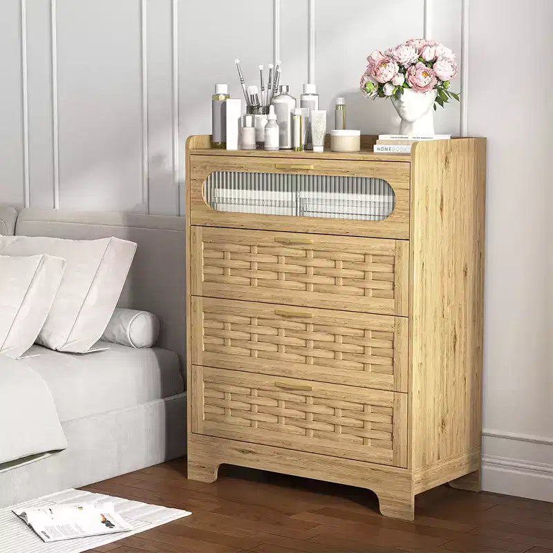 4-Drawer Dresser with Woven Wood Top, Gold Handles and Acrylic Door