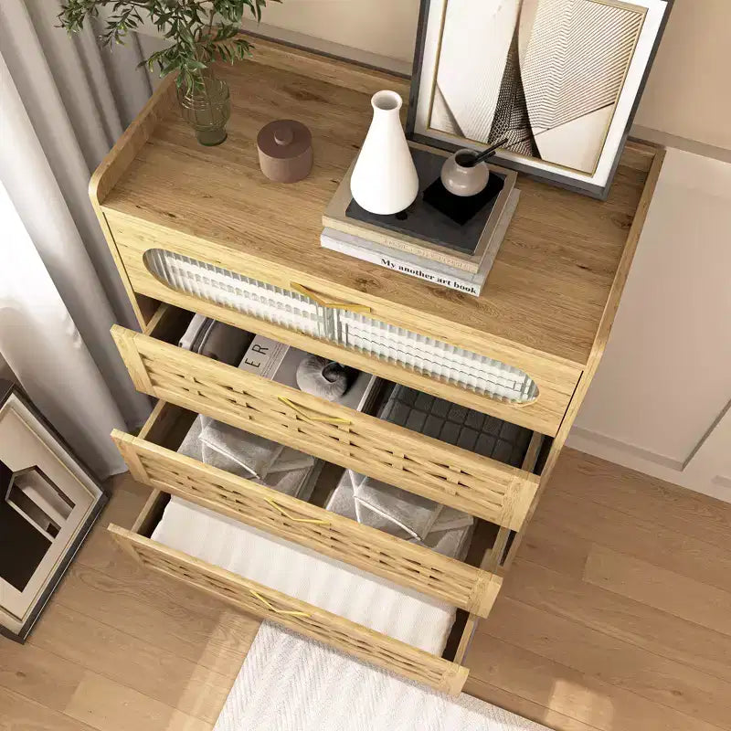 4-Drawer Dresser with Woven Wood Top, Gold Handles and Acrylic Door