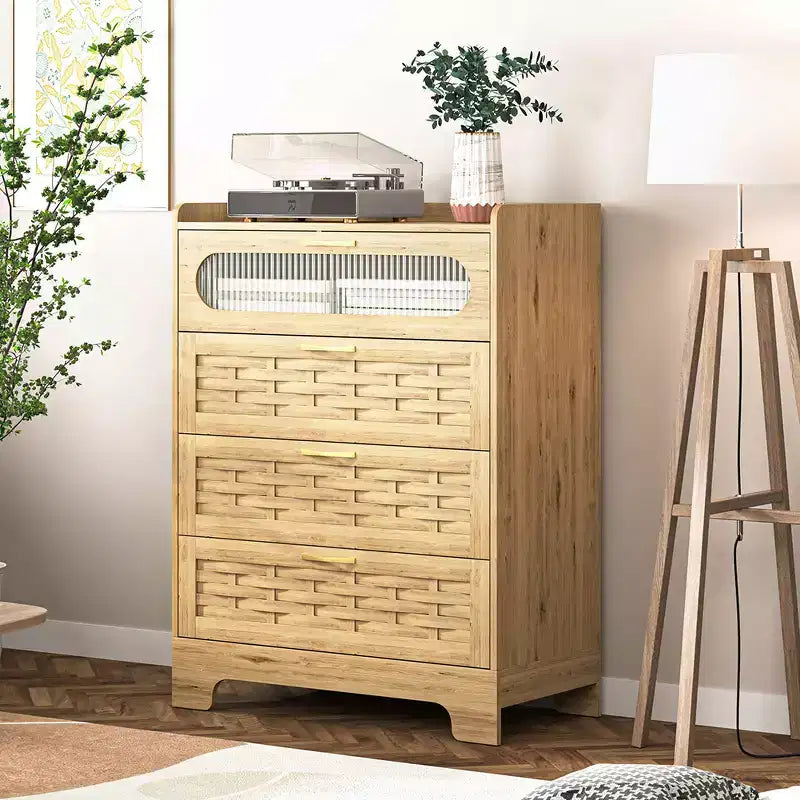 4-Drawer Dresser with Woven Wood Top, Gold Handles and Acrylic Door