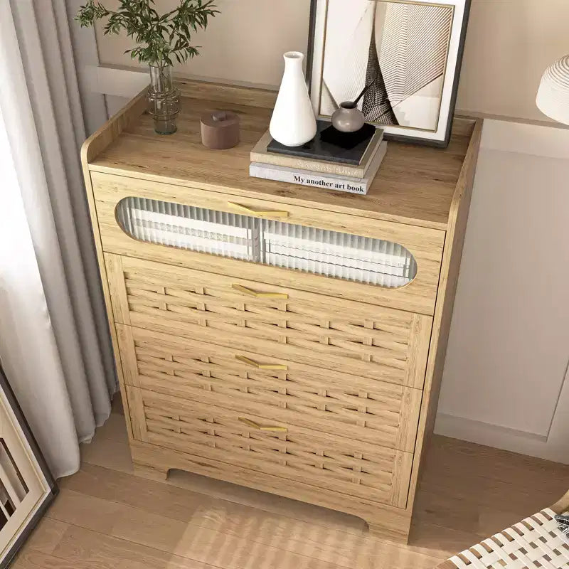 4-Drawer Dresser with Woven Wood Top, Gold Handles and Acrylic Door