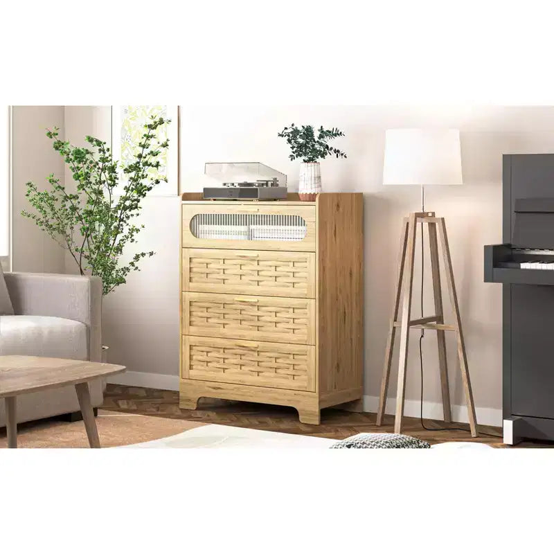 4-Drawer Dresser with Woven Wood Top, Gold Handles and Acrylic Door