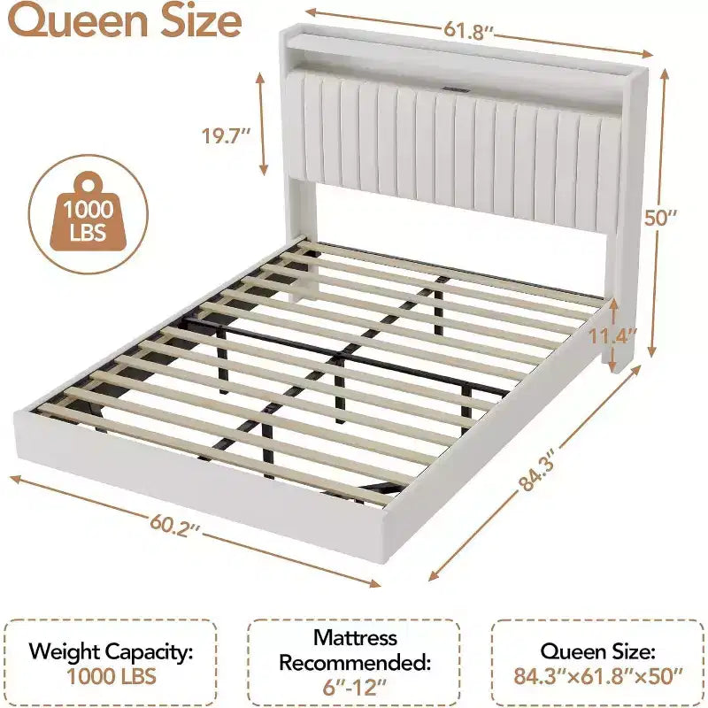 Full Floating Bed Frame with USB Charging Station, Upholstered Platform Bed with Headboard Storage and Soft LED Lighting
