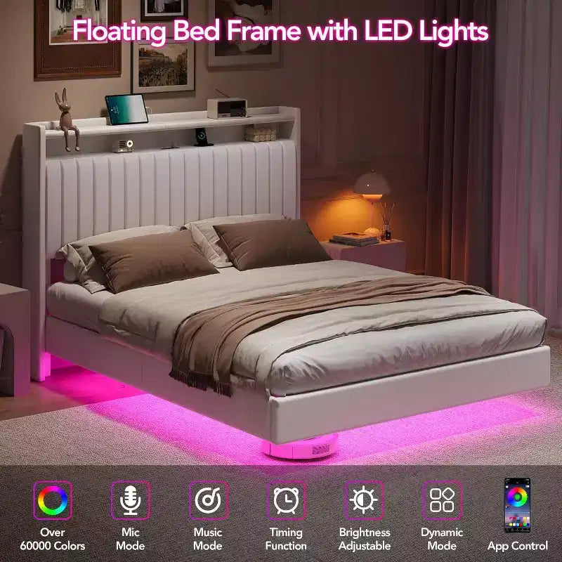 Full Floating Bed Frame with USB Charging Station, Upholstered Platform Bed with Headboard Storage and Soft LED Lighting