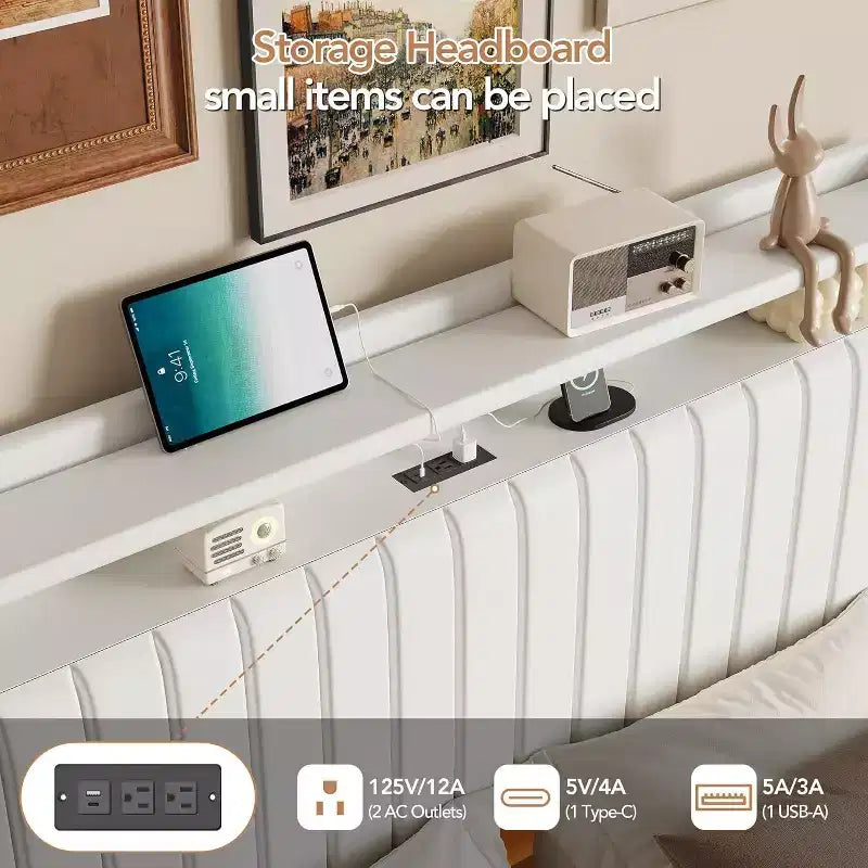 Full Floating Bed Frame with USB Charging Station, Upholstered Platform Bed with Headboard Storage and Soft LED Lighting