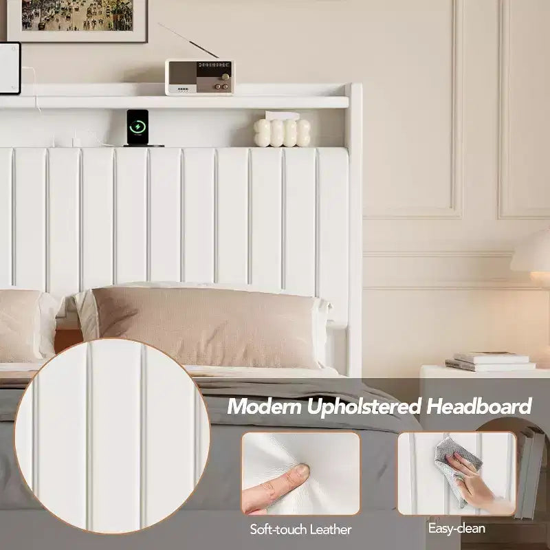 Full Floating Bed Frame with USB Charging Station, Upholstered Platform Bed with Headboard Storage and Soft LED Lighting