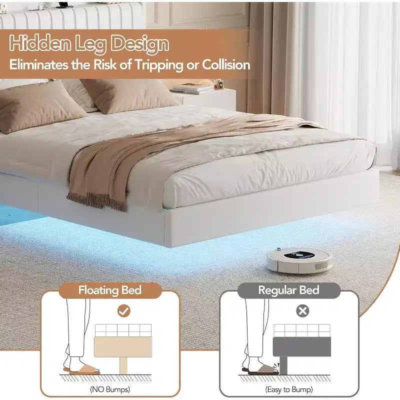 Full Floating Bed Frame with USB Charging Station, Upholstered Platform Bed with Headboard Storage and Soft LED Lighting