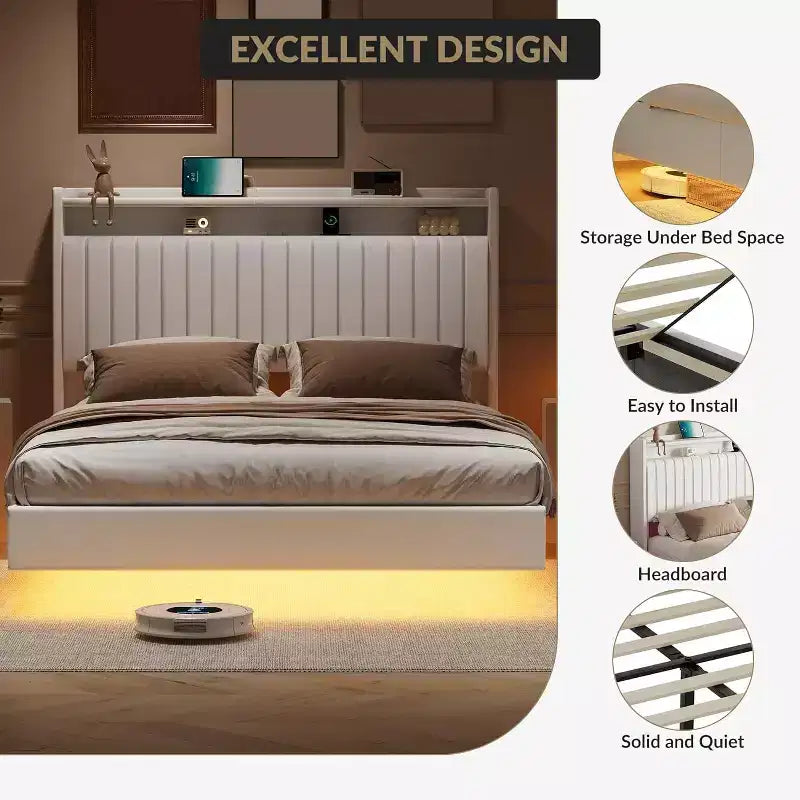 Full Floating Bed Frame with USB Charging Station, Upholstered Platform Bed with Headboard Storage and Soft LED Lighting