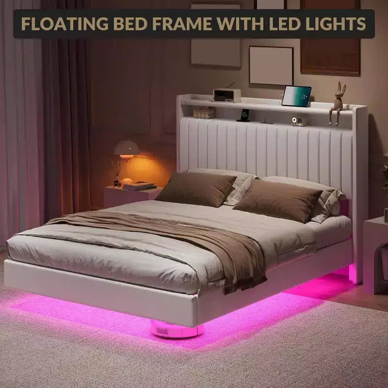 Full Floating Bed Frame with USB Charging Station, Upholstered Platform Bed with Headboard Storage and Soft LED Lighting
