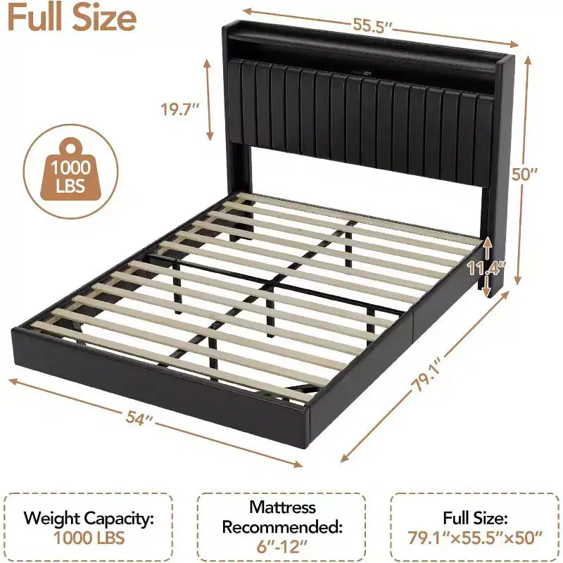 Full Floating Bed Frame with USB Charging Station, Upholstered Platform Bed with Headboard Storage and Soft LED Lighting