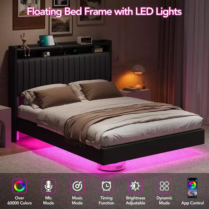 Full Floating Bed Frame with USB Charging Station, Upholstered Platform Bed with Headboard Storage and Soft LED Lighting