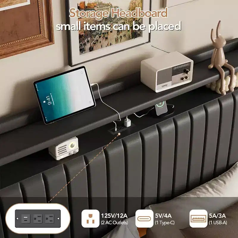 Full Floating Bed Frame with USB Charging Station, Upholstered Platform Bed with Headboard Storage and Soft LED Lighting