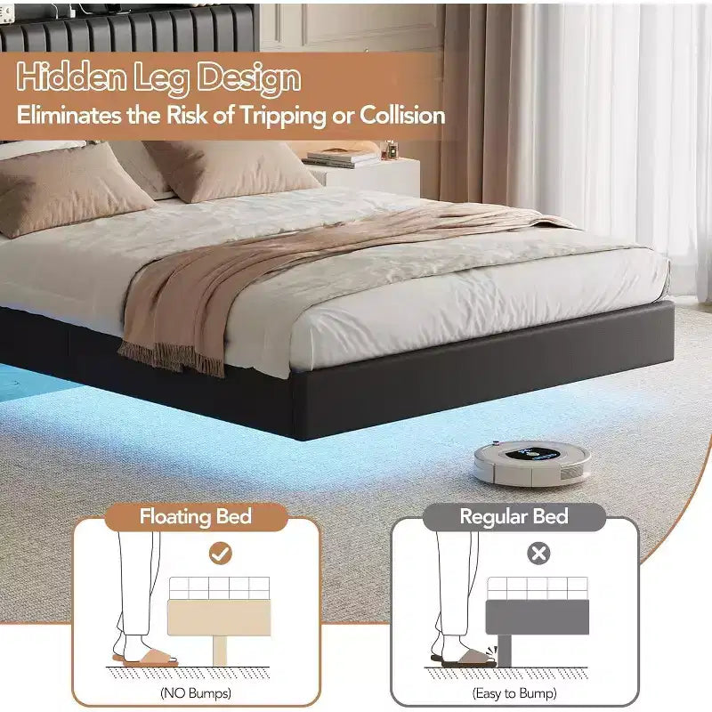Full Floating Bed Frame with USB Charging Station, Upholstered Platform Bed with Headboard Storage and Soft LED Lighting