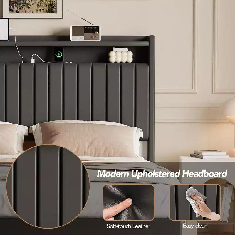Full Floating Bed Frame with USB Charging Station, Upholstered Platform Bed with Headboard Storage and Soft LED Lighting