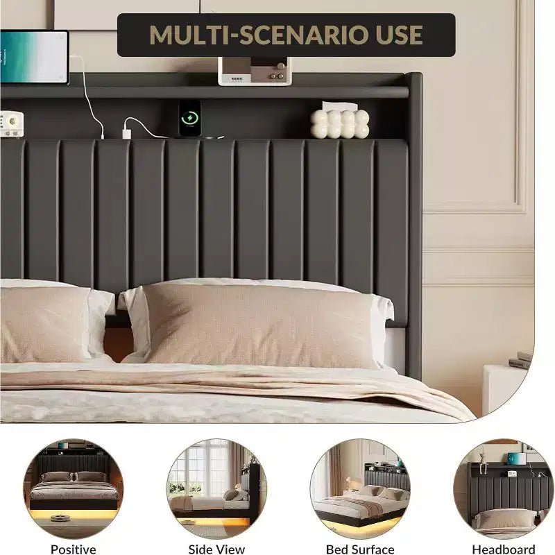 Full Floating Bed Frame with USB Charging Station, Upholstered Platform Bed with Headboard Storage and Soft LED Lighting