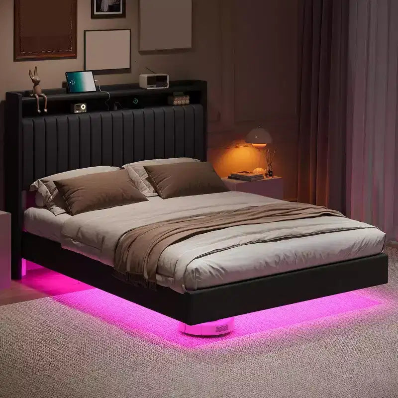 Full Floating Bed Frame with USB Charging Station, Upholstered Platform Bed with Headboard Storage and Soft LED Lighting