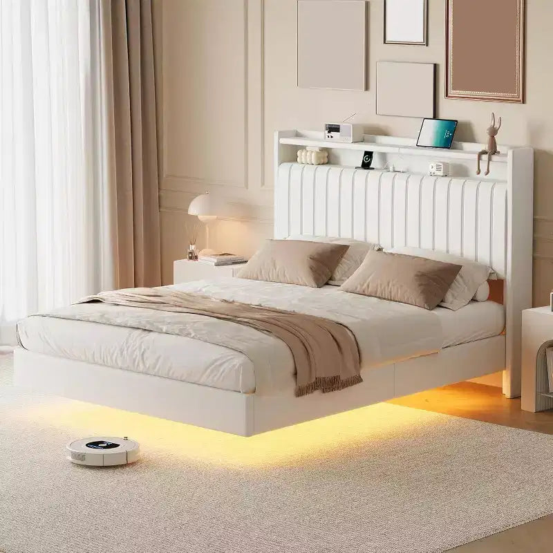Full Floating Bed Frame with USB Charging Station, Upholstered Platform Bed with Headboard Storage and Soft LED Lighting