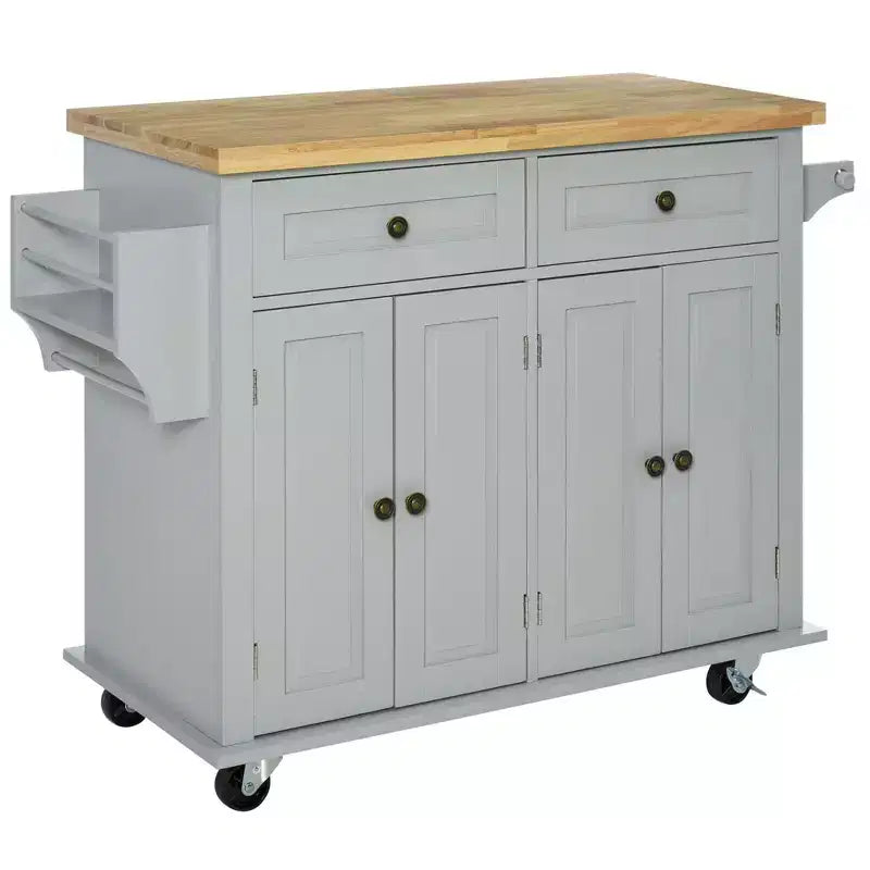 Farmhouse Kitchen Island with Rubberwood Top, Kitchen Cart with Spice Rack, Towel Rack and Drawers