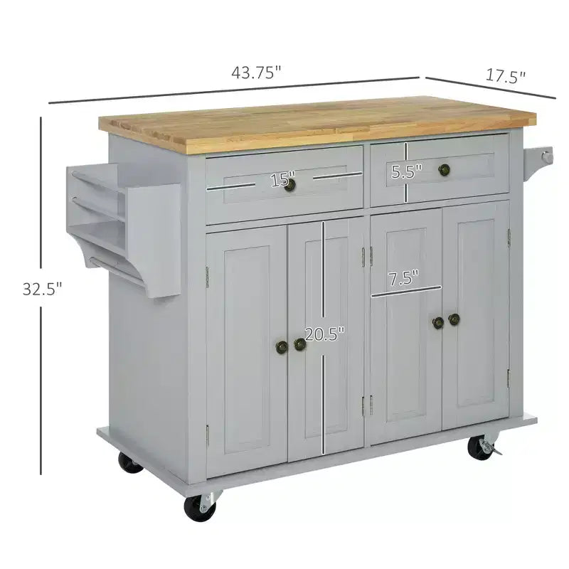 Farmhouse Kitchen Island with Rubberwood Top, Kitchen Cart with Spice Rack, Towel Rack and Drawers