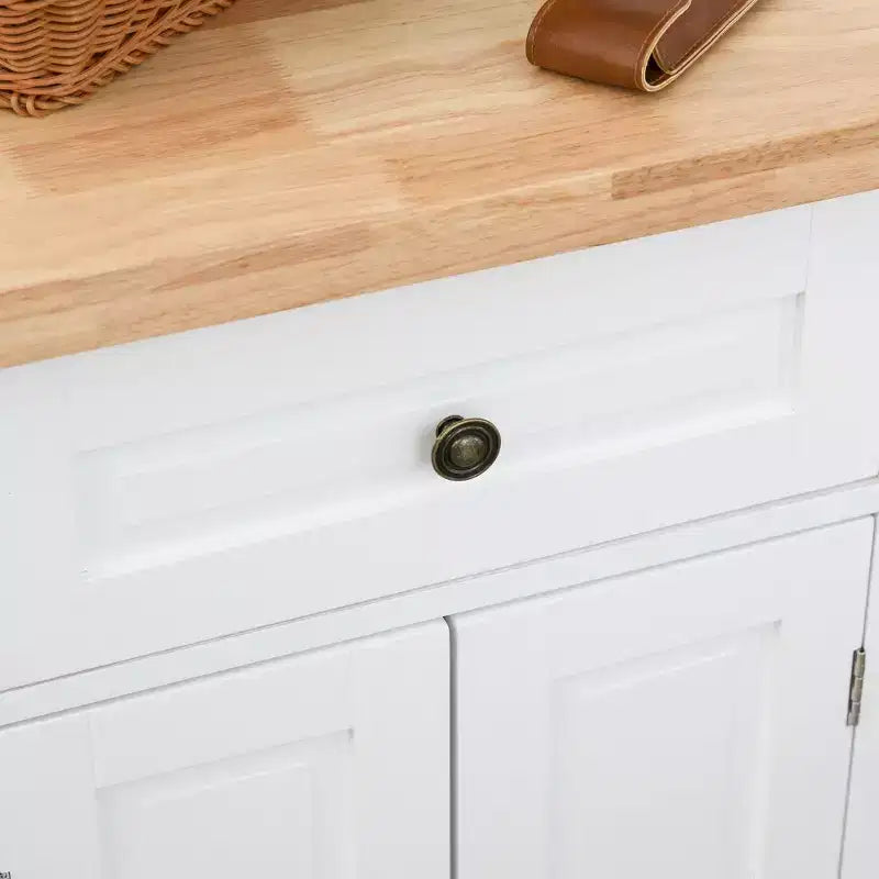 Farmhouse Kitchen Island with Rubberwood Top, Kitchen Cart with Spice Rack, Towel Rack and Drawers
