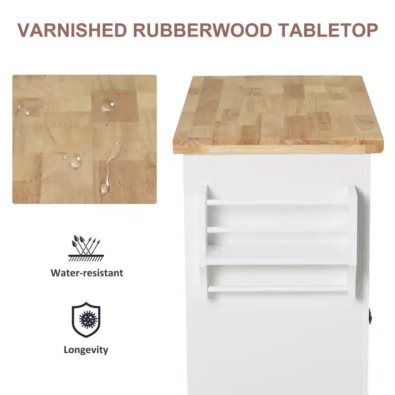 Farmhouse Kitchen Island with Rubberwood Top, Kitchen Cart with Spice Rack, Towel Rack and Drawers