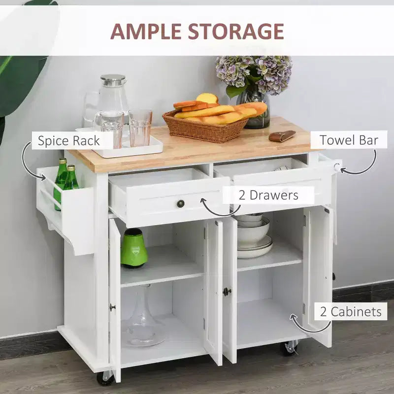 Farmhouse Kitchen Island with Rubberwood Top, Kitchen Cart with Spice Rack, Towel Rack and Drawers