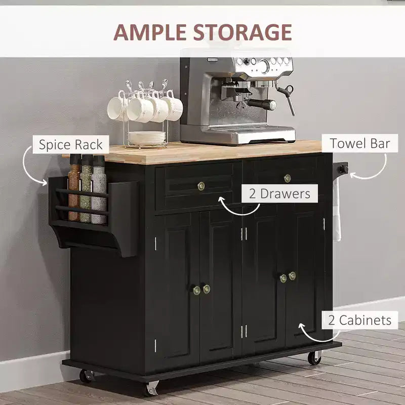 Farmhouse Kitchen Island with Rubberwood Top, Kitchen Cart with Spice Rack, Towel Rack and Drawers