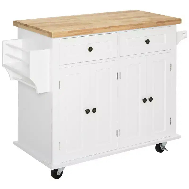 Farmhouse Kitchen Island with Rubberwood Top, Kitchen Cart with Spice Rack, Towel Rack and Drawers