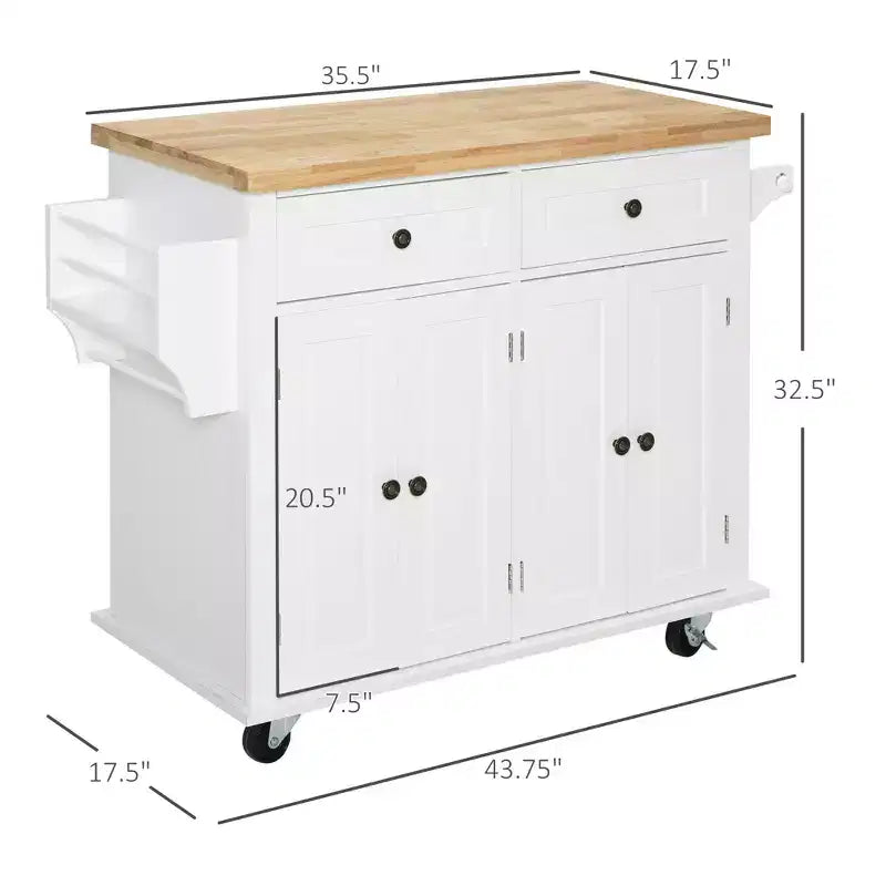 Farmhouse Kitchen Island with Rubberwood Top, Kitchen Cart with Spice Rack, Towel Rack and Drawers