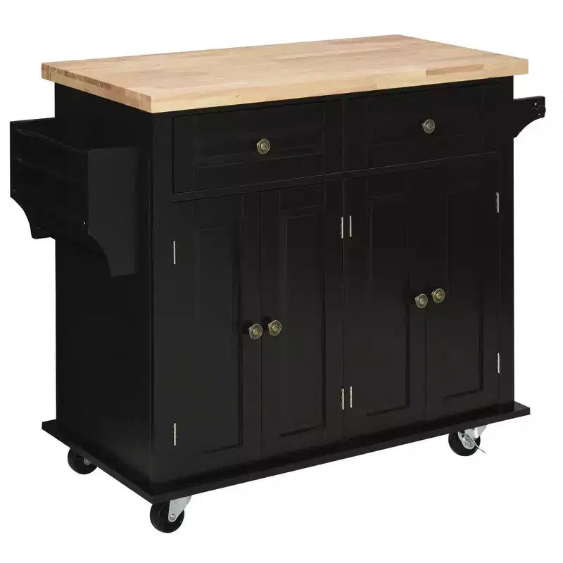 Farmhouse Kitchen Island with Rubberwood Top, Kitchen Cart with Spice Rack, Towel Rack and Drawers
