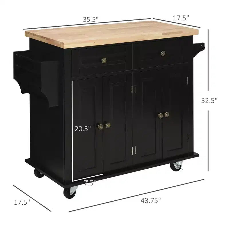 Farmhouse Kitchen Island with Rubberwood Top, Kitchen Cart with Spice Rack, Towel Rack and Drawers