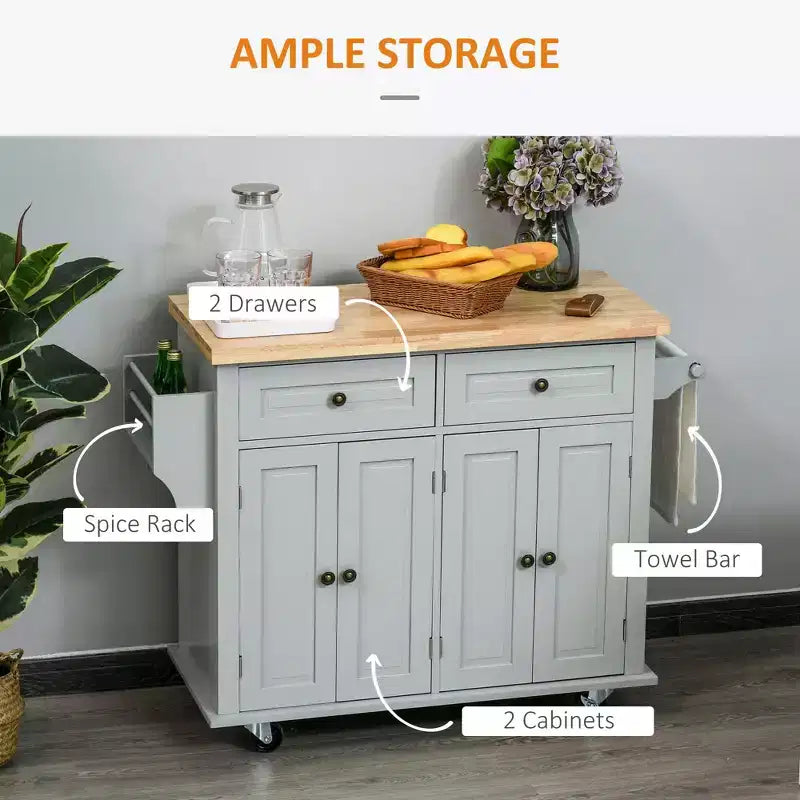 Farmhouse Kitchen Island with Rubberwood Top, Kitchen Cart with Spice Rack, Towel Rack and Drawers