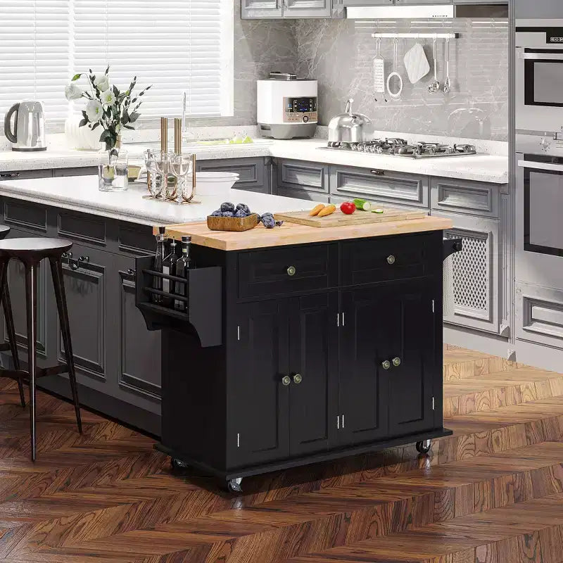 Farmhouse Kitchen Island with Rubberwood Top, Kitchen Cart with Spice Rack, Towel Rack and Drawers