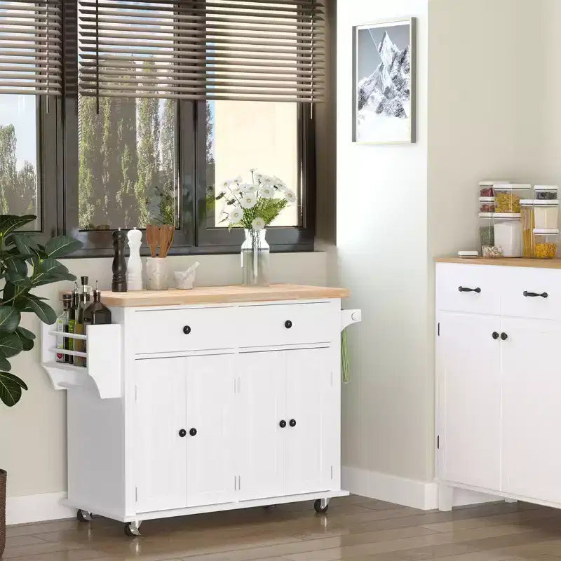 Farmhouse Kitchen Island with Rubberwood Top, Kitchen Cart with Spice Rack, Towel Rack and Drawers