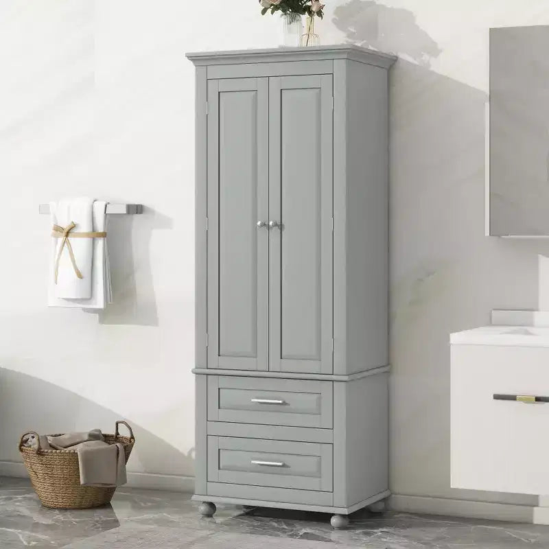 Tall Storage Cabinet with Adjustable Shelf and Two Drawers