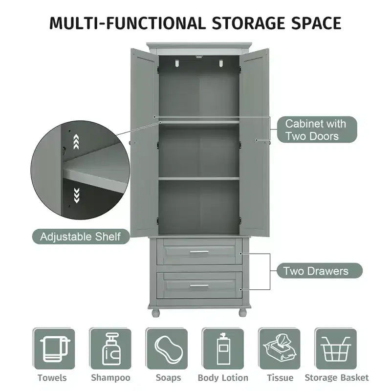 Tall Storage Cabinet with Adjustable Shelf and Two Drawers