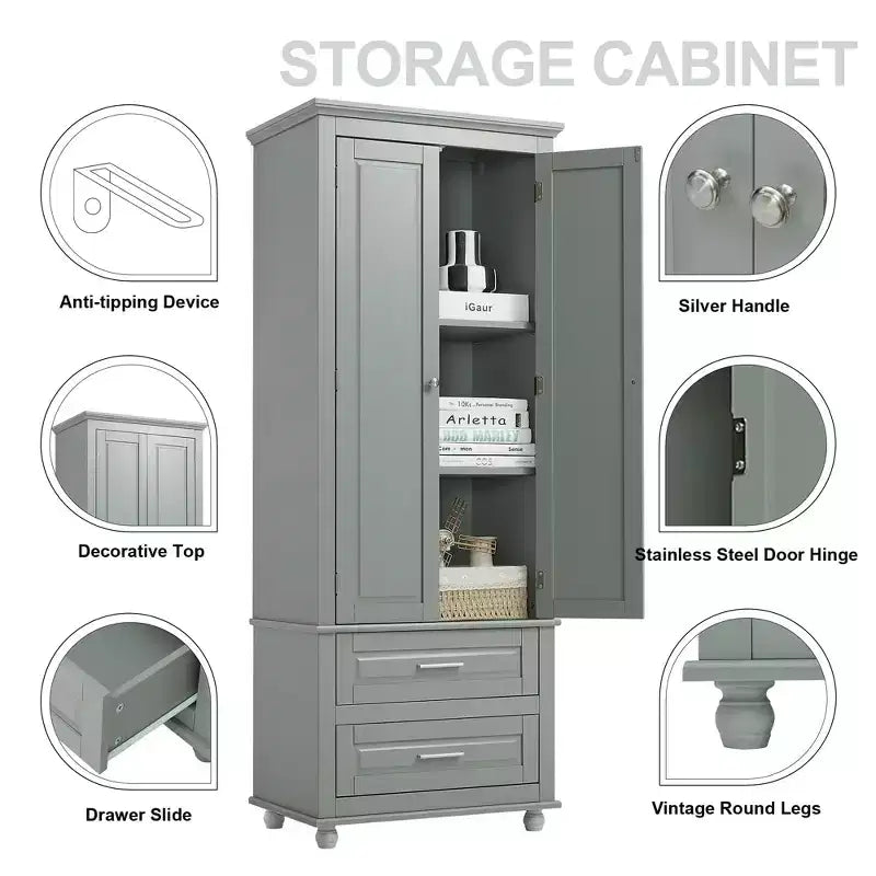 Tall Storage Cabinet with Adjustable Shelf and Two Drawers