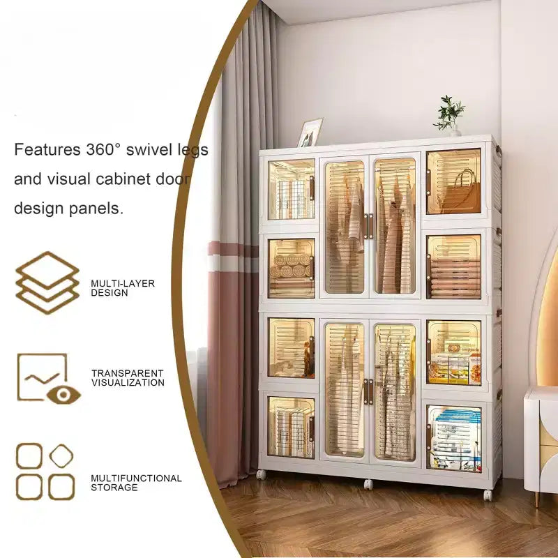 Children's Wardrobe - Foldable and easy-to-assemble wardrobe featuring 2 hanging rods and 8 storage bins, suitable for bedrooms and nurseries.
