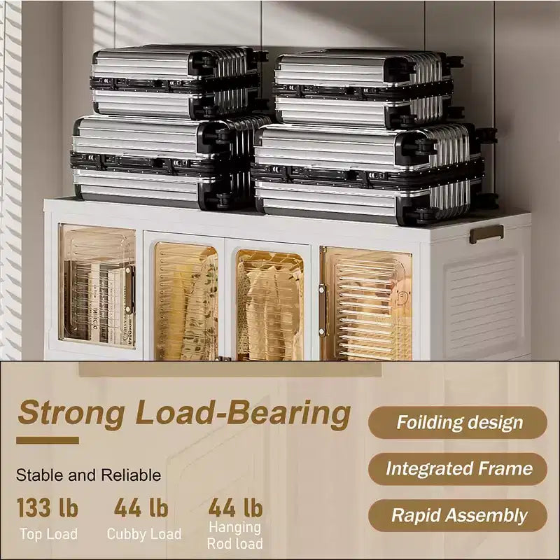 Children's Wardrobe - Foldable and easy-to-assemble wardrobe featuring 2 hanging rods and 8 storage bins, suitable for bedrooms and nurseries.