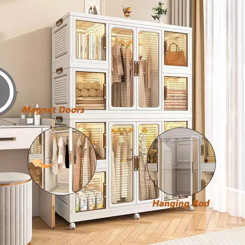 Children's Wardrobe - Foldable and easy-to-assemble wardrobe featuring 2 hanging rods and 8 storage bins, suitable for bedrooms and nurseries.